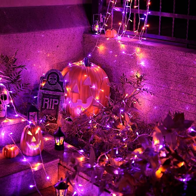 JMEXSUSS 600 LED Christmas String Lights Outdoor, Orange and Purple Lights Clear Wire, Christmas Twinkle String Lights Plug in for Tree Christmas Decorations