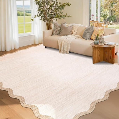 GarveeHome Scalloped Washable Rug 4x6, Beige Boho Living Room Area Rug, Bordered Non-Slip Farmhouse Bedroom Carpet Dorm Room Throw Rug, Low Pile Soft Accent Mat for Kitchen Entry Office 4'x6' Beige