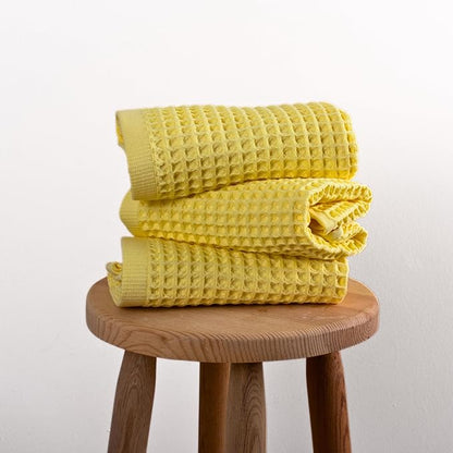 PÜSKÜL Organic Waffle Kitchen Towel 100% Turkish Cotton Set of 3 Yellow - Premium Quality, Soft, Quick-Dry, Absorbent, Lint-Free Hand Towels 32X16 Inches (3, Light Yellow)