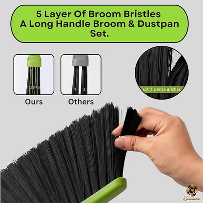 Standing Broom and Dustpan Set, Built-in Scraper Teeth, No-Slip Grip, Dust Collection Tray for Home, Office, Lobby, and Outdoor, Adjustable Handle from 38.18" to 52" (Black & Green)