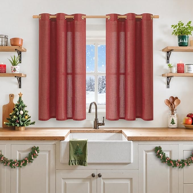 YoungsTex Red Linen Curtains 48 Inch Length for Living Room Window, Light Filtering Drapes with Bronze Grommet Privacy Christmas Decorative for Kitchen Bedroom Window, 42 x 48 Inch, 2 Panels