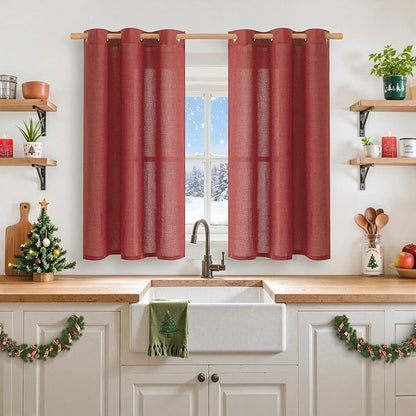 YoungsTex Red Linen Curtains 54 Inch Length for Living Room, Light Filtering Window Drapes Semi Sheer with Bronze Grommet Privacy for Bedroom, 42 x 54 Inch, 2 Panels
