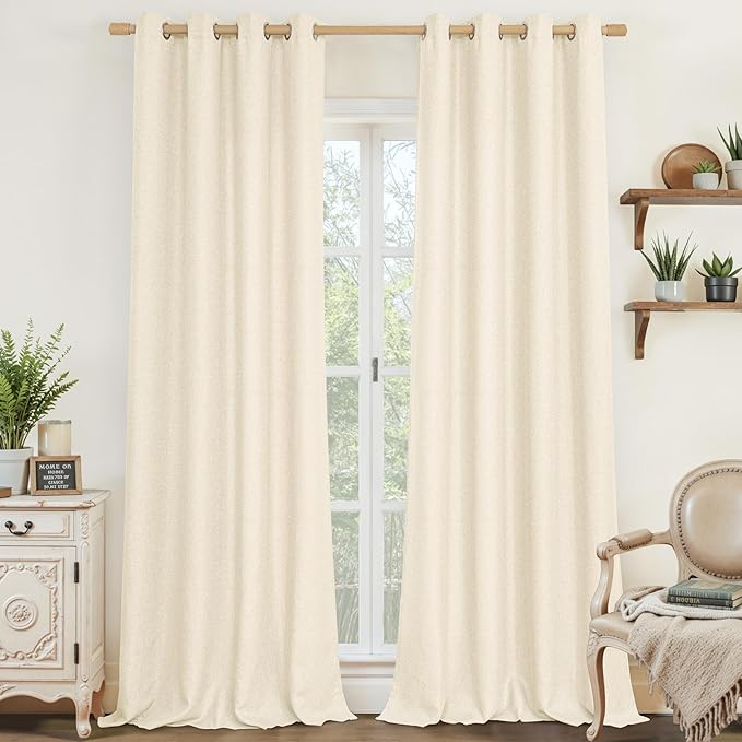 LAMIT Light Beige Linen Curtains for Living Room 84 inch Length 2 Panels, Linen Textured Thermal Insulated Curtains Burlap Privacy Grommet Drapes for Bedroom/Farmhouse, 2 Panels, W52 x L84