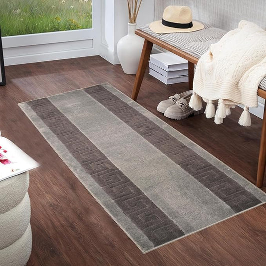 Washable Custom Size Runner Rug Meander Design Grey and Black, (2 Feet Length x 26 Inch Width) Custom Cut Slip Resistant Rubber Backing Runner Rugs, Extra Long Runner Rugs for Hallways