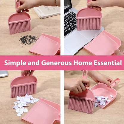 Pink Small Broom and Dustpan Set, Mini Dustpan and Brush Set, Small Hand Broom and Dust Pan Sets for Home Sofas Kitchen Countertops Storage Shelves Office Desks Bathrooms and Pet Areas