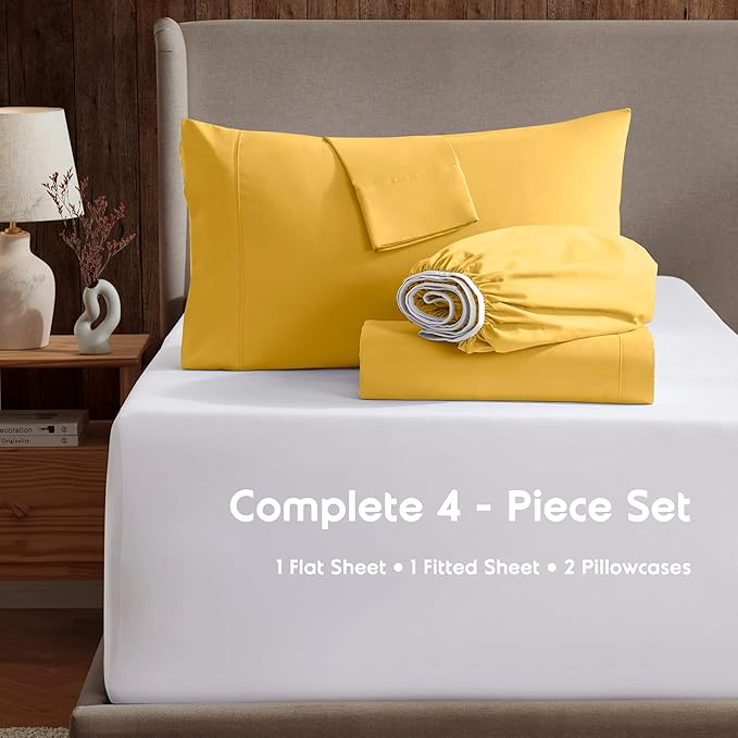 Nestl Queen Sheet Set - Luxury 1800 Ultra-Soft Microfiber Bed Sheets - Double Brushed - Deep Pockets - Easy Fit - 4 Piece Set - Bedding Sheets & Pillowcases (Queen, Yellow)