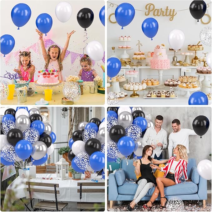 Blue and Black Balloons, 12 Inch Graduation Balloons, Dark Blue Black White Metallic Silver Confetti Latex Balloon for Boys Men Birthday Baby Shower Gender Reveal Graduation Party Decorations