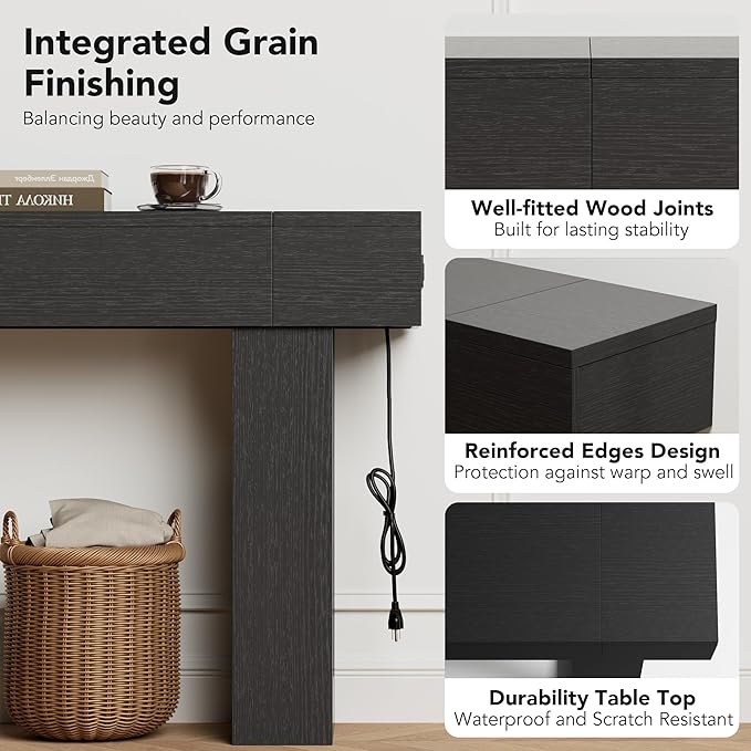 63 Inch Long Console Table w/Outlets & USB Ports, Narrow Rectangular Sofa Table Behind The Couch, Farmhouse Entryway Table for Entrance, Hallway, Living Room(Black with Outlet)