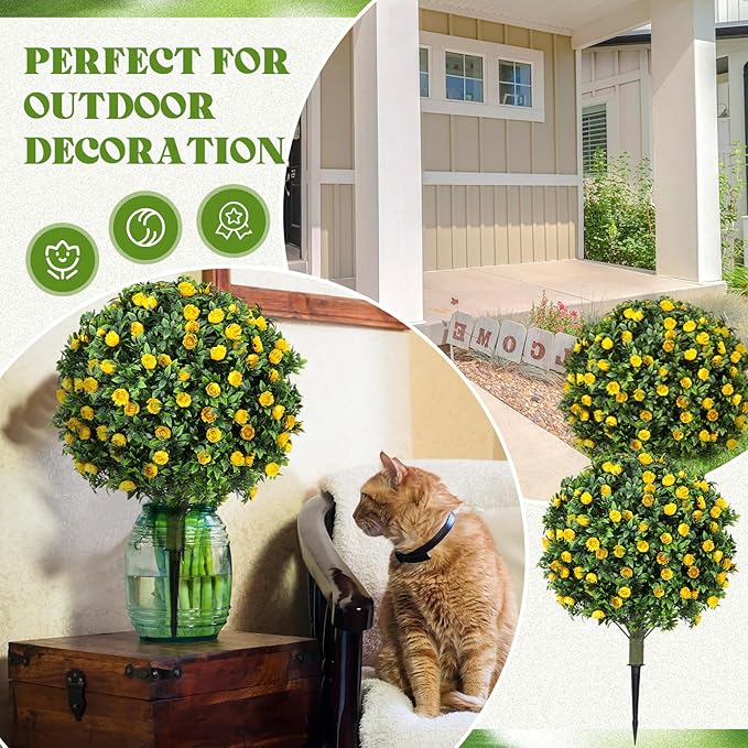 24 Artificial Topiary Ball Tree with Flower Set of 2,Outdoor Fake Topiary with Ground Spike,UV Resistant Faux Artificial Plant Bushes for Indoor Outdoor Front Porch Garden Decor(Yellow)