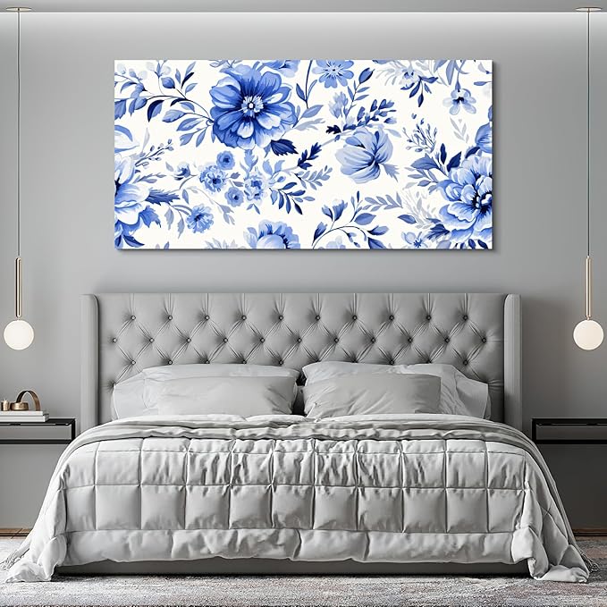 CanvasGarden Floral Canvas Wall Art, Blue Floral Pattern Watercolor Poster Varied Blooms Botanical Soft Flower Home Decor, Framed Prints for Living Room Bedroom Office Decor, 40x20Inch