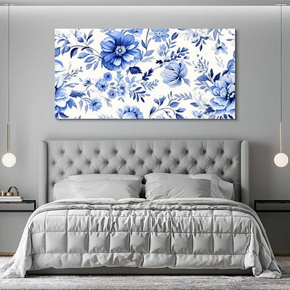 CanvasGarden Floral Canvas Wall Art, Blue Floral Pattern Watercolor Poster Varied Blooms Botanical Soft Flower Home Decor, Framed Prints for Living Room Bedroom Office Decor, 32x16Inch