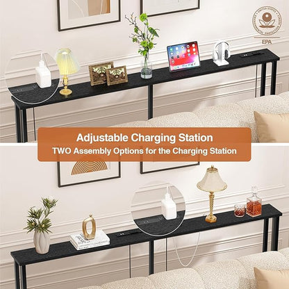 102" Narrow Console Sofa Table - 2 Power Outlets & 4 USB Ports, Metal Frame, Black, Perfect for Hallway, Office, and Behind Sofa - Easy Assembly, 4.9' Extension Cord Included