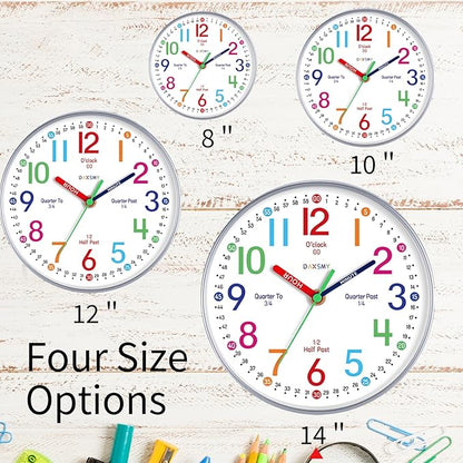 14 Inch Wall Clock for Kids Learning to Tell Time, Modern Silent Battery Operated Teaching Clock, Ideal Gift for Kids Room School