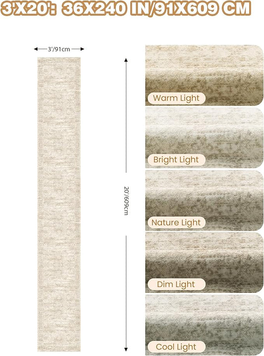 3x20 Washable Runner Rug for Hallway, Non-Slip Long Hallway Runner for Entryway, Soft Vintage Kitchen Mats for Floor, Abstract Dining Room, Bedroom, Living Room Rugs(3'x20', Beige/Ivory)