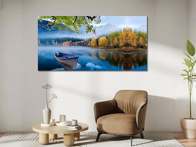 Arjun Lake Canvas Wall Art for Living Room Blue Mountain Picture Bedroom Sky Nature Landscape Boat Artwork Modern Scenic Nature Painting Framed Large Size Home Office Dining Room Wall Decor 40"x20"