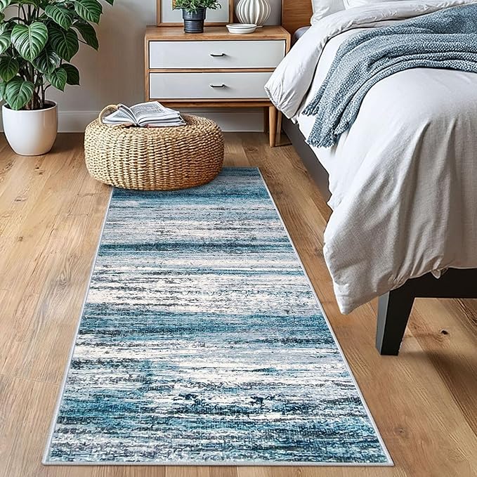 KOZYFLY Modern Abstract Hallway Runner Rug, 2x6 Washable Rug Runner Non-Slip Soft Striped Kitchen Runner Rugs, Print Blue Carpet Runner for Entryway Bathroom Laundry Room Foyer