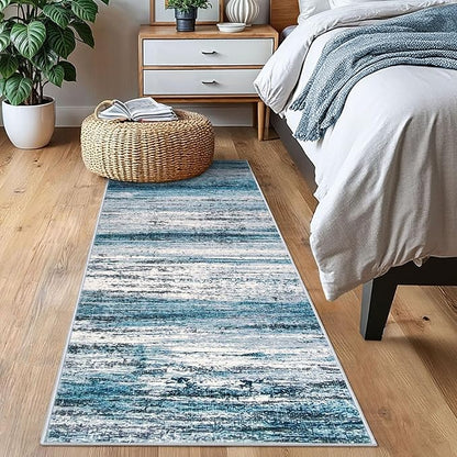 KOZYFLY Modern Abstract Hallway Runner Rug, 2x6 Washable Rug Runner Non-Slip Soft Striped Kitchen Runner Rugs, Print Blue Carpet Runner for Entryway Bathroom Laundry Room Foyer