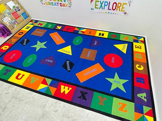 Colorful Shapes Preschool Rug with Bright Colors, 6' x 8'6" Rectangle, Educational Classroom Rug, Kids Learning Play Mat | Area Rug for Bedroom or Playroom