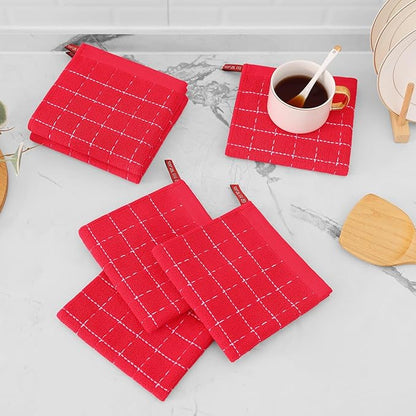Mordimy 100% Cotton Terry Cloth Dish Cloths, Soft and Absorbent Checkered Dish Towels, Quick Drying Dish Rags for Washing Dishes, 6 Pack, 12 x 12 Inches, Red