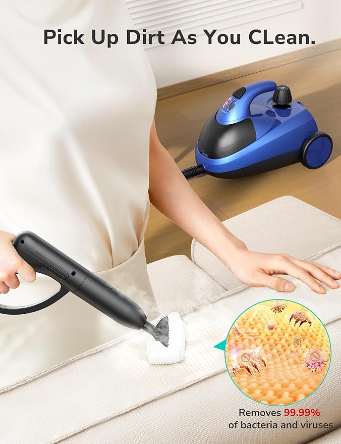 Aspiron Steam Cleaner, 80PSI 293°F Multipurpose Heavy Duty Canister Steamer,Built-In Storage, Handheld Steam Mop for Home Car Upholstery Bed Furniture Carpet Bathroom Tile Grout Floor Cleaning, Blue