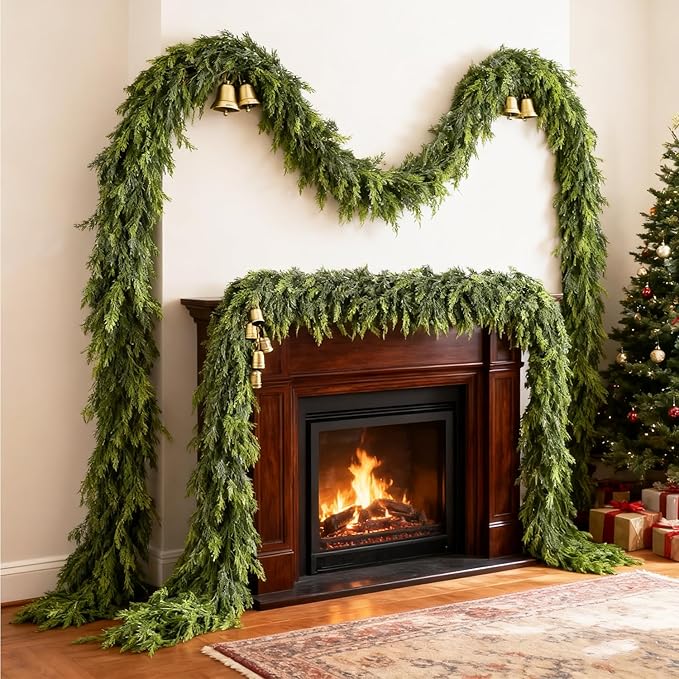 9FT Lifelike Cedar Christmas Garland,Artificial Realistic Faux Green Cedar Pine Garland,Thick and Lush,Soft Bendable, for Home Fireplace Indoor/Outdoor Christmas Holiday Party Decorations