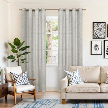 YoungsTex Light Grey Linen Curtains 80 Inches Long for Living Room, Light Filtering Textured Window Drapes with Bronze Grommet Privacy for Bedroom Office Farmhouse, 52 x 80 Inch, 2 Panels
