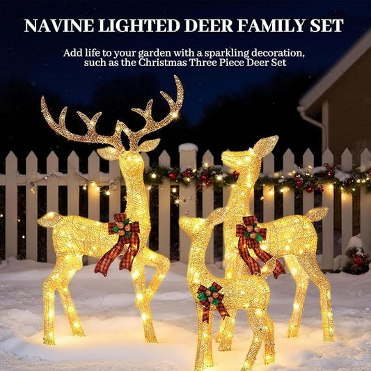 3-Piece Large Lighted Christmas Deer Family Set, Christmas Indoor and Outdoor Decoration with 225 Warm White LED Lights, Ground Pegs, Cable Ties. Suitable for Patio Lawn Garden Party-Cold