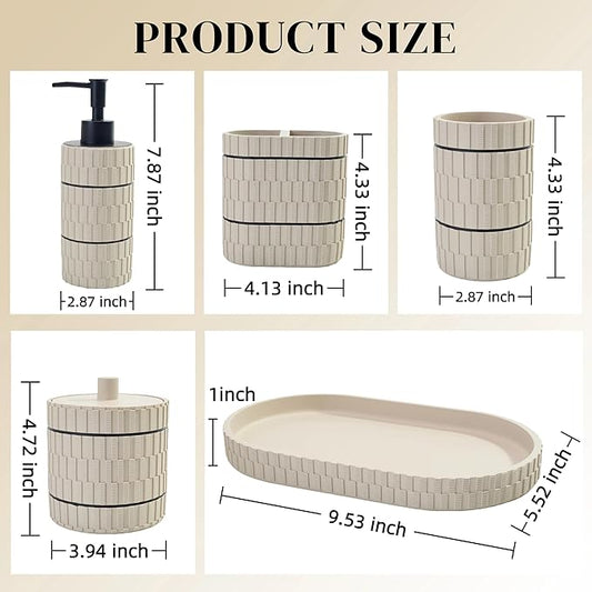 Bathroom Accessory Set, 6 Piece Bathroom Essentials Sets Accessories, Soap Dispenser Set, Toothbrush Holder, Vanity Tray, Tumbler, Cotton Swab Jars, Decor Organizer for Modern Bathrooms(Beige)