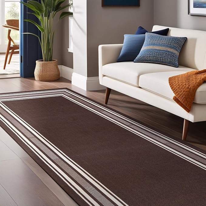 Modern Bordered Non Slip Indoor Runner Rugs for Living Room 2x7 Area Rugs for Kitchen, Rug for Bedroom, and Hallway, Stain Resistant Easy Cleaning Non Shedding Brown 2 x 7