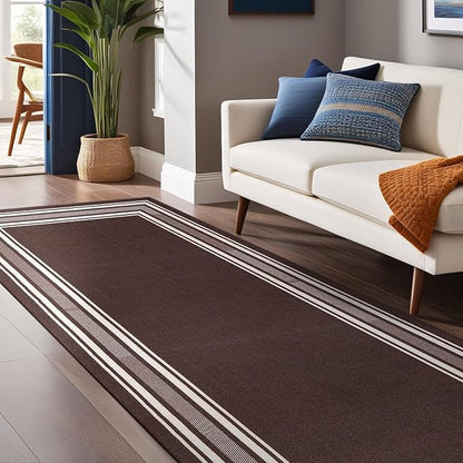 Modern Bordered Non Slip Indoor Runner Rugs for Living Room 2x7 Area Rugs for Kitchen, Rug for Bedroom, and Hallway, Stain Resistant Easy Cleaning Non Shedding Brown 2 x 7