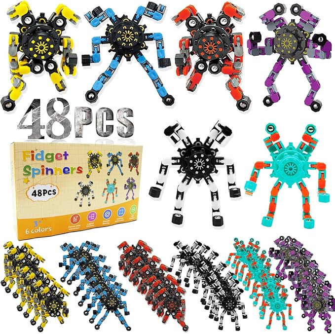 48PC Transformable Fidget Spinner for Kids,Deformable Chain DIY Robot Spinner Sensory Toy, Stress Relief Fingertip Gyros Fidget Toys Birthday Party Favors for Kids Gifts