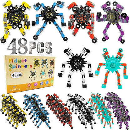 48PC Transformable Fidget Spinner for Kids,Deformable Chain DIY Robot Spinner Sensory Toy, Stress Relief Fingertip Gyros Fidget Toys Birthday Party Favors for Kids Gifts