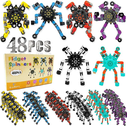 48PC Transformable Fidget Spinner for Kids,Deformable Chain DIY Robot Spinner Sensory Toy, Stress Relief Fingertip Gyros Fidget Toys Birthday Party Favors for Kids Gifts