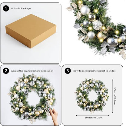 WANNA-CUL Pre-Lit 30 Inch Large Christmas Wreath for Front Door with 50 Led Lights,Champagne Gold Lighted Christmas Door Wreath Decor with Ball Ornaments, Battery Operated