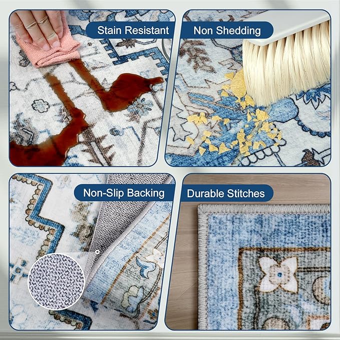 Area Rugs for Living Room 8x10 - Large Machine Washable Vintage Oriental Soft Rugs, Low Pile Thin Floor Carpet with Non Slip Backing for Bedroom, Dorm, Under Dining Room Table, Indoor House, Office