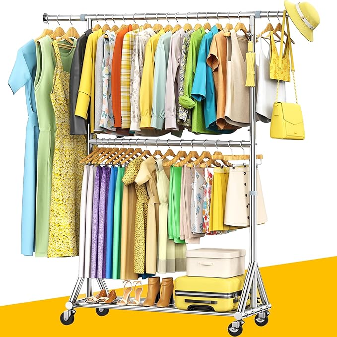 100% Stainless Steel Heavy Duty Clothes Rack Load 860LBS, Adjustbale Height Double Rods Clothing Racks for Hanging Clothes, Rolling Garment Rack With Sturdy Wheels Shelf (Silver, 73.8"H*63.6"W*16.9"D)