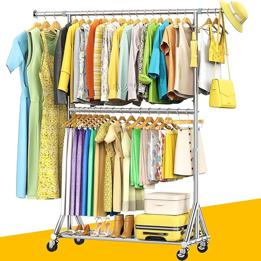100% Stainless Steel Heavy Duty Clothes Rack Load 860LBS, Adjustbale Height Double Rods Clothing Racks for Hanging Clothes, Rolling Garment Rack With Sturdy Wheels Shelf (Silver, 73.8"H*63.6"W*16.9"D)