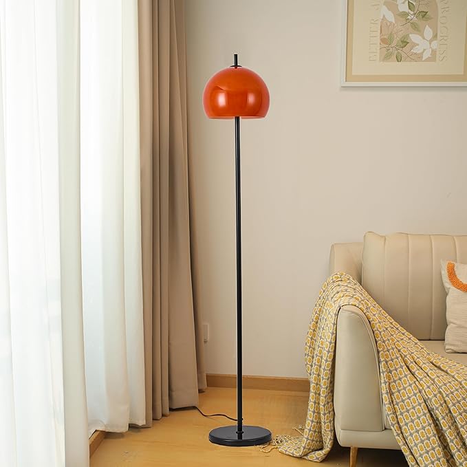 Mid Century Floor Lamp, Mushroom Retro Floor Lamp with Orange Bell Glass Shade and Black Marble Base, Modern Standing Tall Lamp for Living Room, Bedroom, Home Office Deco