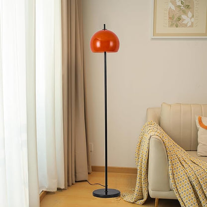 Mid Century Floor Lamp, Mushroom Retro Floor Lamp with Orange Bell Glass Shade and Black Marble Base, Modern Standing Tall Lamp for Living Room, Bedroom, Home Office Deco