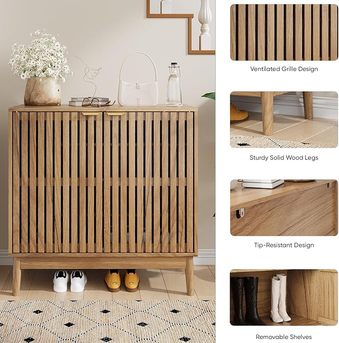 Shoe Storage Cabinet with Ventilated Slatted Doors, Wooden Shoe Organizer, Shoes Rack for Entryway, Hallway, Living Room