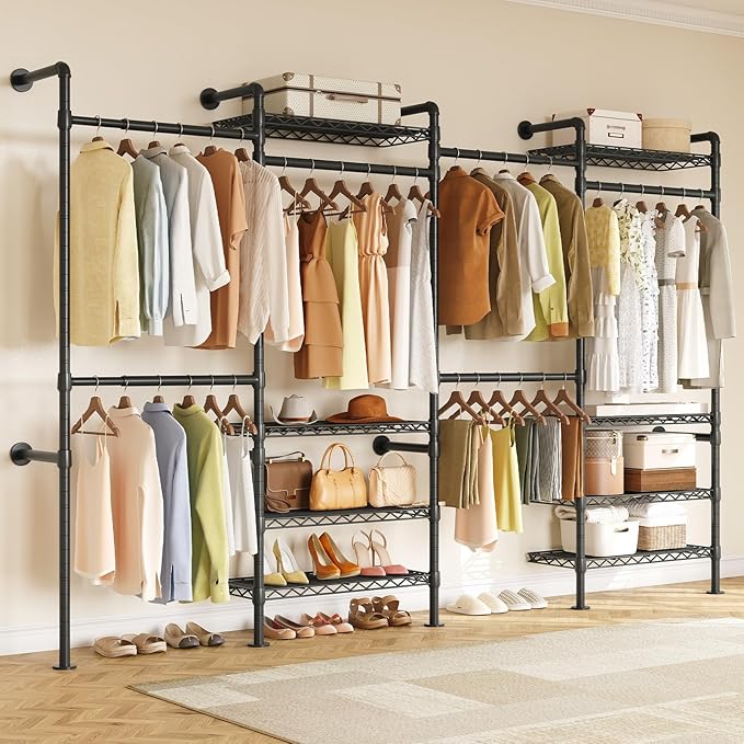 H4 Wall Mounted Closet System, Expandable Industrial Pipe Clothes Rack Clothing Rack for Hanging Clothes, Heavy Duty Closet Organizers and Storage in Wardrobe Closet