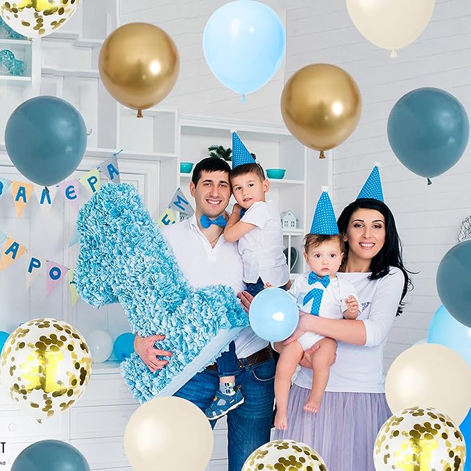 Dusty Blue Balloon Set, 60 Packs 12 Inches Metallic Chrome Gold Macaron Blue Ocean Blue White Sand Balloon Confetti Balloons for Boho Baby Shower Wedding Boy Birthday Graduation Decoration