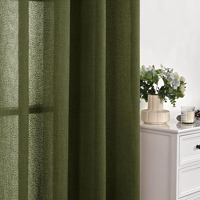 YoungsTex Olive Linen Curtains 40 Inch Length for Kitchen Window, Dark Green Short Light Filtering Drapes Semi Sheer with Bronze Grommet for Bathroom Windows, 2 Panels, 42 X 40 Inch