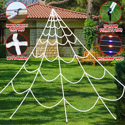 Halloween Decorations Outdoor Spiders Web Lights: 150 Purple & Orange LED Light Decor, 17.4Ft Giant Spiderweb with 8 Lighting Modes Waterproof & Timer, Yard Spider Web Decoration