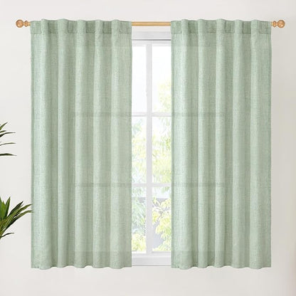 YoungsTex Sage Green Linen Curtains 54 Inch Length for Living Room Window, Short Light Filtering Drapes with Rod Pocket Back Tab Privacy for Bathroom Bedroom, 42 x 54 Inch, 2 Panels