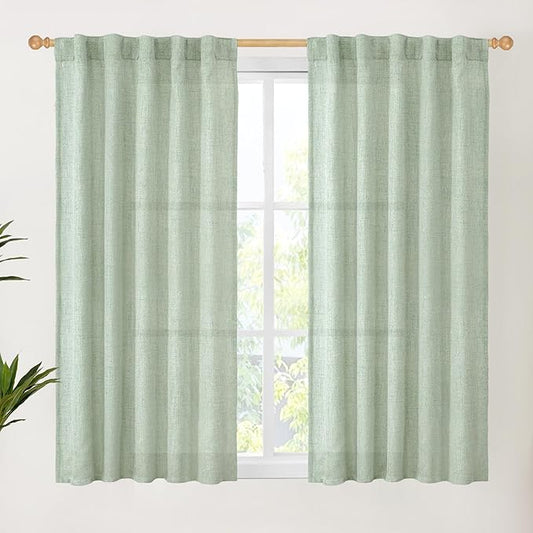 YoungsTex Sage Green Linen Curtains 54 Inch Length for Living Room Window, Short Light Filtering Drapes with Rod Pocket Back Tab Privacy for Bathroom Bedroom, 42 x 54 Inch, 2 Panels