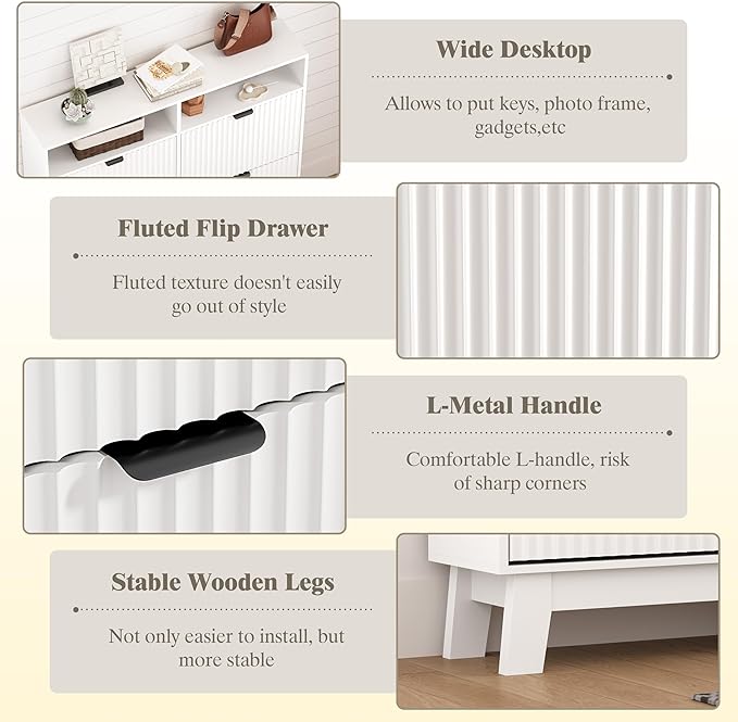 Shoe Cabinet Storage for Entryway with 4 Flip Drawers, Fluted Narrow Shoe Organizer with Wooden Legs & Top Cubby, Freestanding Slim Shoe Storage Hidden Shoe Rack for Front Door Entrance, White