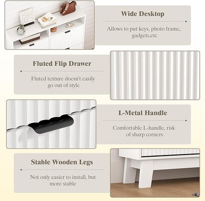 Shoe Cabinet Storage for Entryway with 4 Flip Drawers, Fluted Narrow Shoe Organizer with Wooden Legs & Top Cubby, Freestanding Slim Shoe Storage Hidden Shoe Rack for Front Door Entrance, White