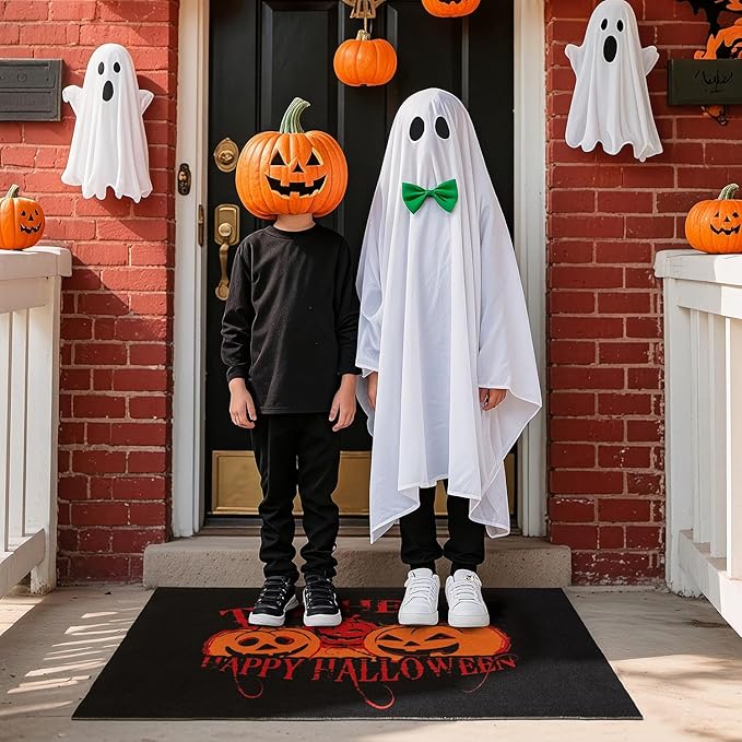 Halloween Door Mat, Halloween Pumpkin Doormat Outdoor Front Door Entrance Absorbent Entry Mat with Non Slip Backing, 17''x30'', Pumpkins Black