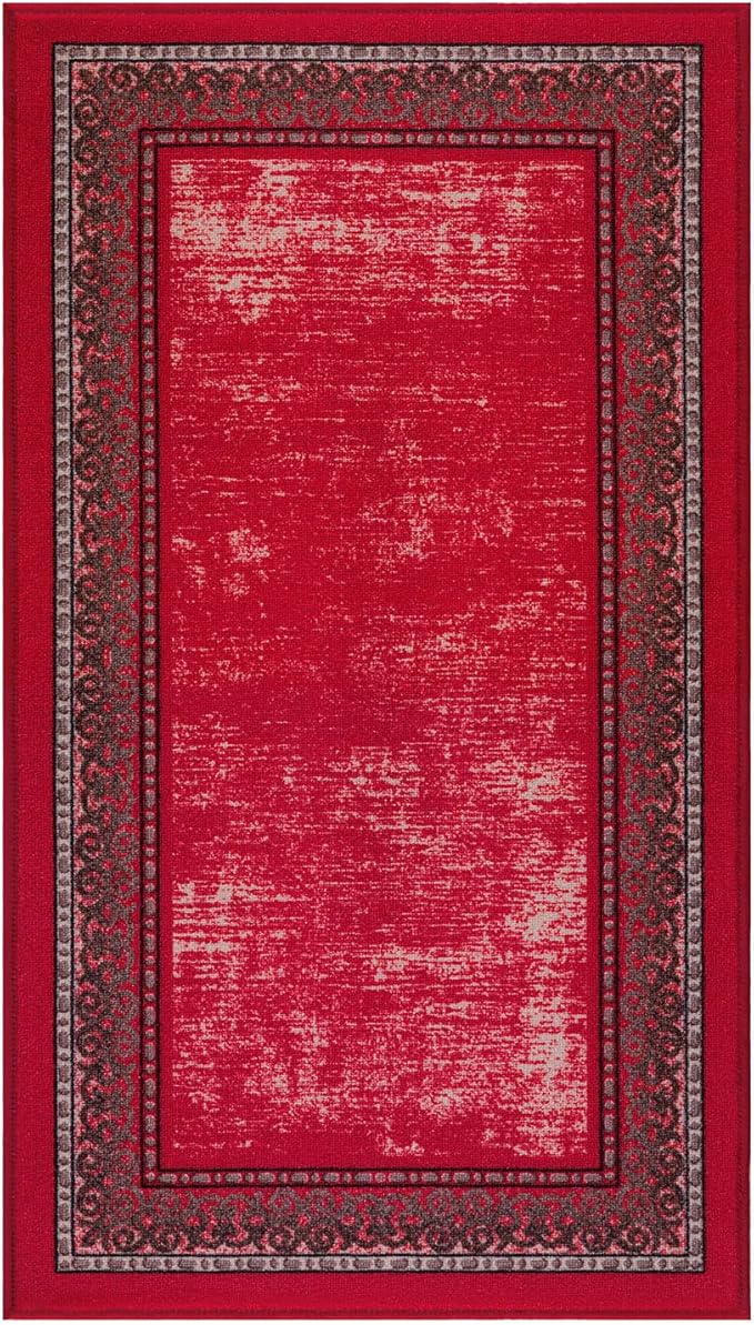 Antep Rugs Alfombras Bordered Modern 2x4 Non-Slip (Non-Skid) Low Pile Rubber Backing Kitchen Area Rug (Red, 2'3" x 4')
